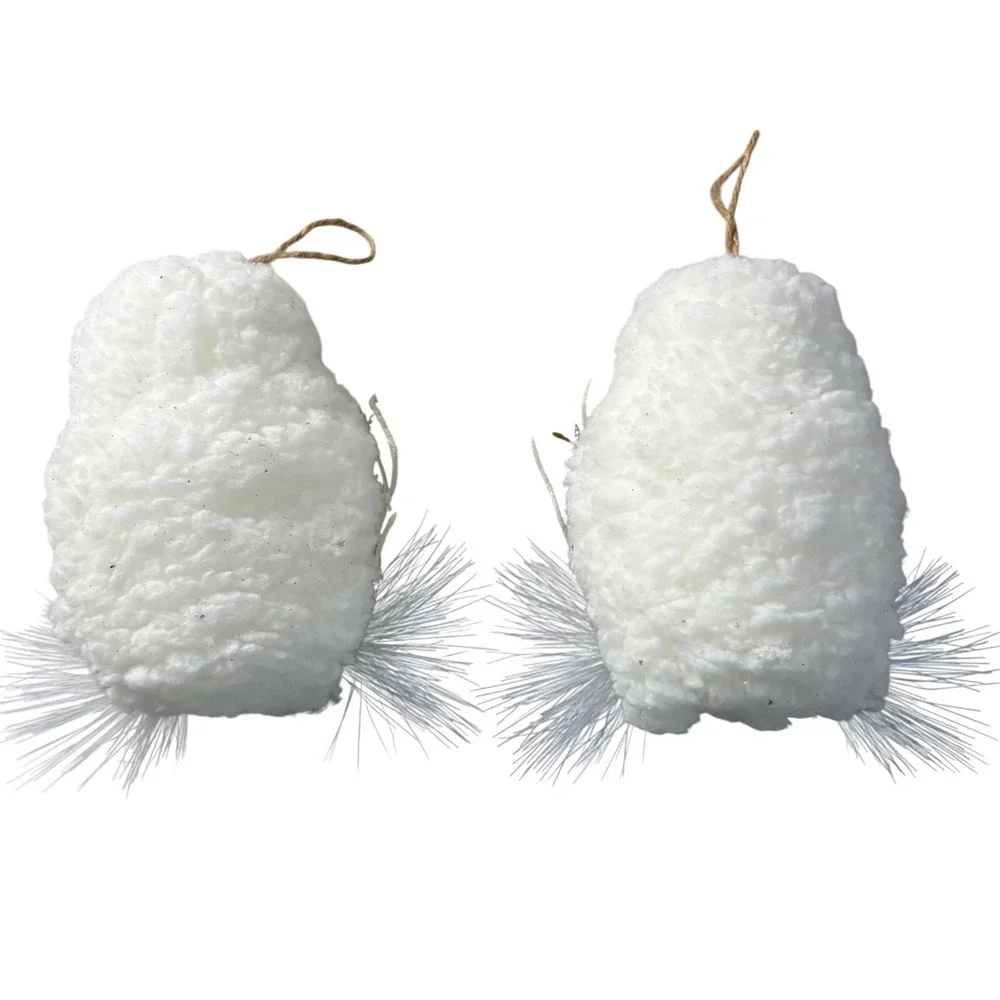 Set of 2 White Faux Fur Owl Christmas Ornaments Rose Gold Glitter Accents 5